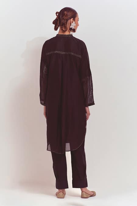 Shop Shikha Malik Black Cotton Zari Mandarin Collar Plain Curved Hem Kurta And Pant Set at Aza Fashions Shop_Shikha Malik_Black Cotton Zari Mandarin Collar Plain Curved Hem Kurta And Pant Set _at_Aza_Fashions