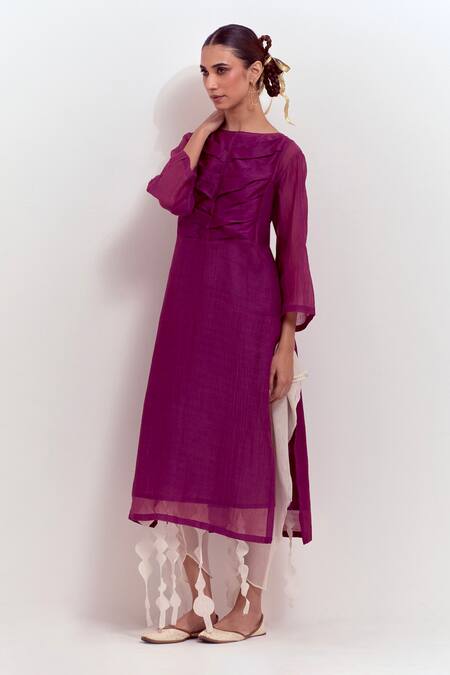 Buy_Shikha Malik_Purple Silk, Chanderi Round Neck Pleated Yoke Kurta _Online_at_Aza_Fashions