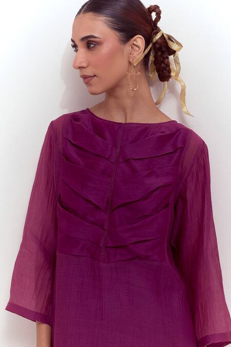 Shop_Shikha Malik_Purple Silk, Chanderi Round Neck Pleated Yoke Kurta _Online_at_Aza_Fashions