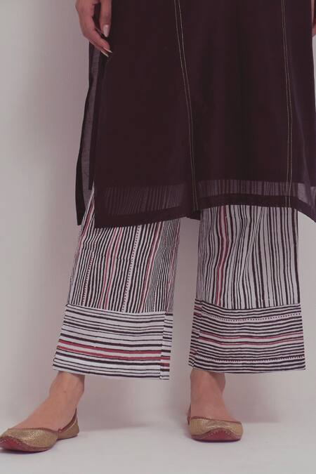 Shikha Malik Black Silk, Chanderi Zari Mandarin Collar Overlap Panel Kurta Striped Pant Set Online at Aza Fashions Shikha Malik_Black Silk, Chanderi Zari Mandarin Collar Overlap Panel Kurta Striped Pant Set _Online_at_Aza_Fashions