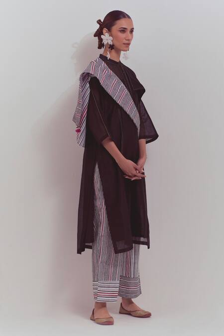 Shop Shikha Malik Black Silk, Chanderi Zari Mandarin Collar Overlap Panel Kurta Striped Pant Set Online at Aza Fashions Shop_Shikha Malik_Black Silk, Chanderi Zari Mandarin Collar Overlap Panel Kurta Striped Pant Set _Online_at_Aza_Fashions