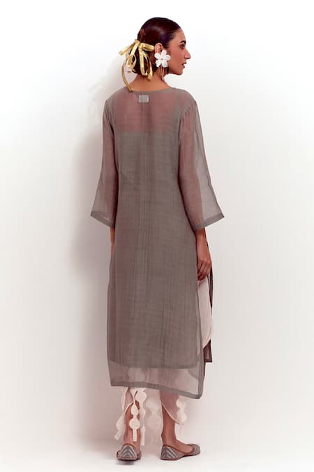 Shop Shikha Malik Grey Silk, Chanderi Round Neck Pleated Bodice Kurta at Aza Fashions Shop_Shikha Malik_Grey Silk, Chanderi Round Neck Pleated Bodice Kurta _at_Aza_Fashions