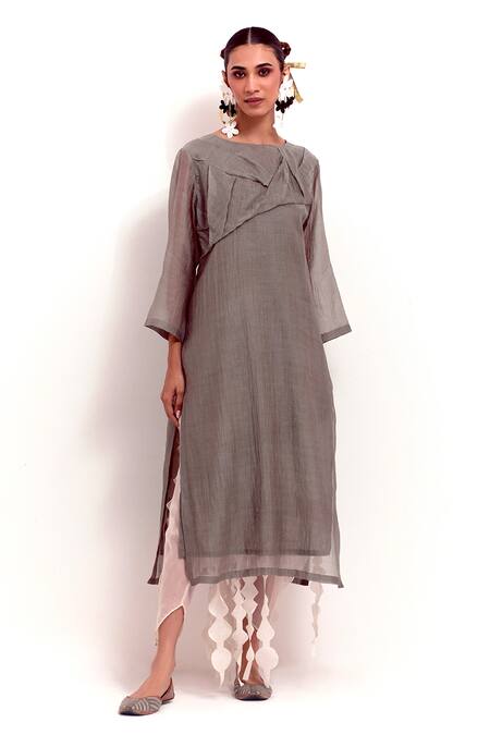 Shikha Malik Grey Silk, Chanderi Round Neck Pleated Bodice Kurta Online at Aza Fashions Shikha Malik_Grey Silk, Chanderi Round Neck Pleated Bodice Kurta _Online_at_Aza_Fashions