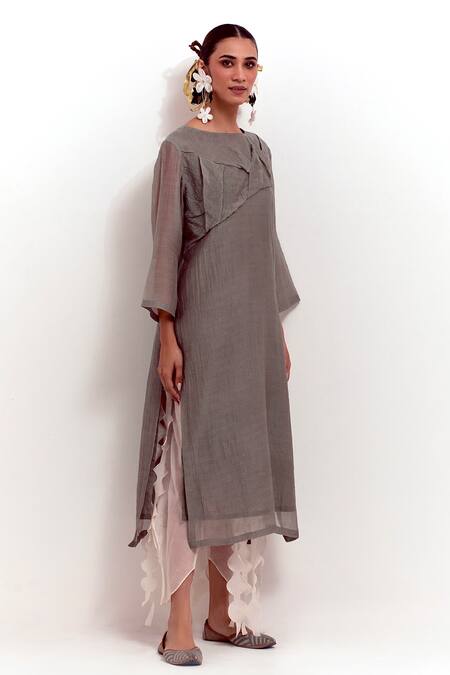 Buy Shikha Malik Grey Silk, Chanderi Round Neck Pleated Bodice Kurta Online at Aza Fashions Buy_Shikha Malik_Grey Silk, Chanderi Round Neck Pleated Bodice Kurta _Online_at_Aza_Fashions