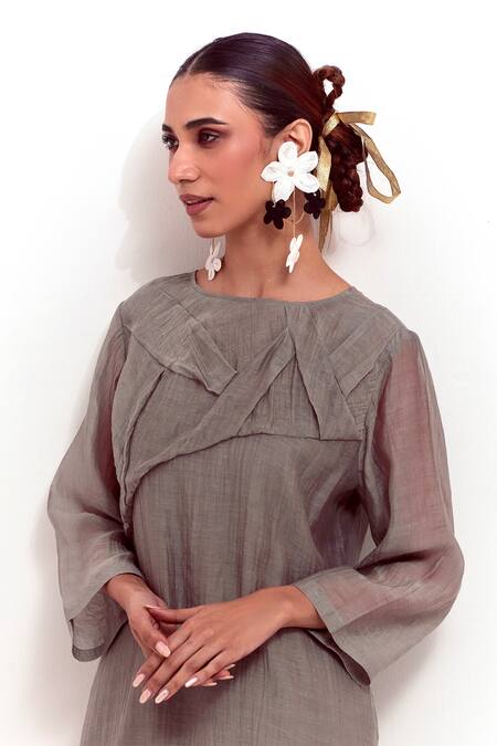 Shop Shikha Malik Grey Silk, Chanderi Round Neck Pleated Bodice Kurta Online at Aza Fashions Shop_Shikha Malik_Grey Silk, Chanderi Round Neck Pleated Bodice Kurta _Online_at_Aza_Fashions