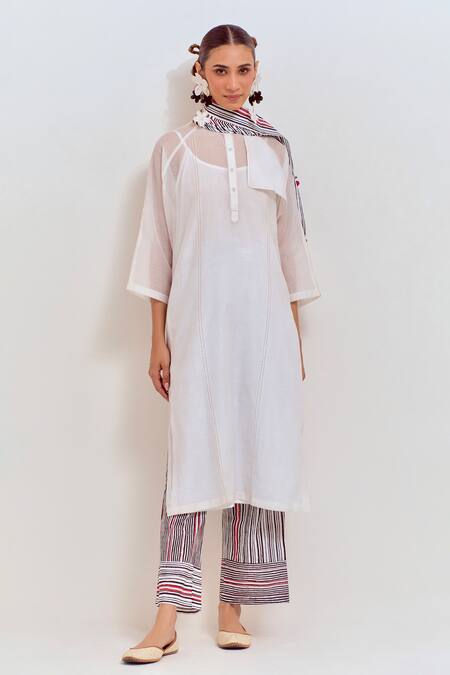 Buy Shikha Malik White Silk, Chanderi Embroidery Mandarin Collar Overlap Side Panel Kurta Online at Aza Fashions Buy_Shikha Malik_White Silk, Chanderi Embroidery Mandarin Collar Overlap Side Panel Kurta _Online_at_Aza_Fashions