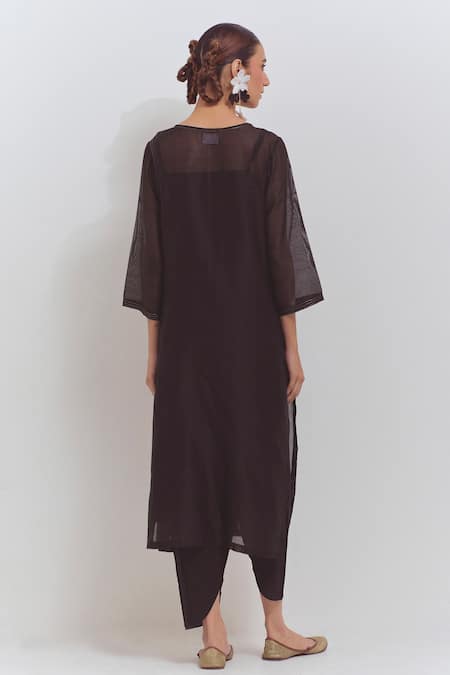 Shop Shikha Malik Black Silk, Chanderi Round Neck Plain Threadwork Kurta at Aza Fashions Shop_Shikha Malik_Black Silk, Chanderi Round Neck Plain Threadwork Kurta _at_Aza_Fashions