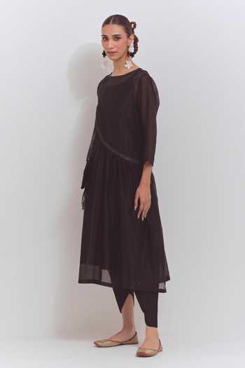 Buy Shikha Malik Black Silk, Chanderi Zari Round Neck Plain Threadwork Kurta And Dhoti Pant Set Online at Aza Fashions Buy_Shikha Malik_Black Silk, Chanderi Zari Round Neck Plain Threadwork Kurta And Dhoti Pant Set _Online_at_Aza_Fashions