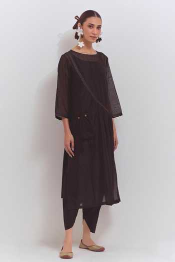 Shop Shikha Malik Black Silk, Chanderi Zari Round Neck Plain Threadwork Kurta And Dhoti Pant Set Online at Aza Fashions Shop_Shikha Malik_Black Silk, Chanderi Zari Round Neck Plain Threadwork Kurta And Dhoti Pant Set _Online_at_Aza_Fashions