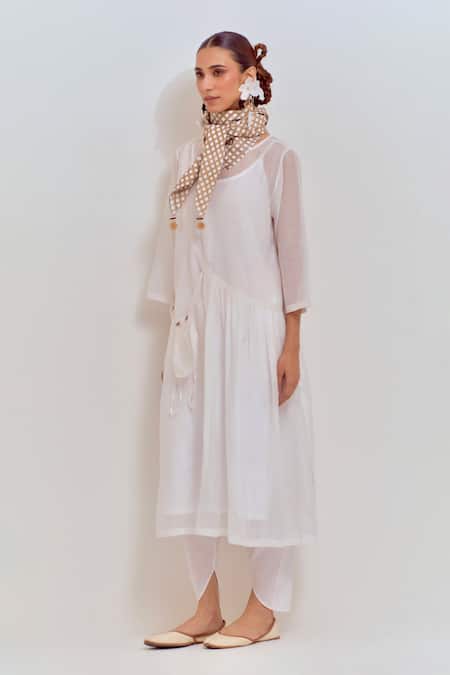 Shop Shikha Malik White Silk, Chanderi Zari Round Neck Front Gather Kurta Online at Aza Fashions Shop_Shikha Malik_White Silk, Chanderi Zari Round Neck Front Gather Kurta _Online_at_Aza_Fashions