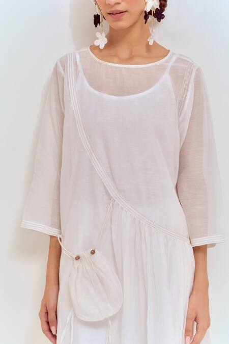 Shikha Malik White Silk, Chanderi Pom-poms Round Neck Front Gather Kurta Striped Dhoti Pant Online at Aza Fashions Shikha Malik_White Silk, Chanderi Pom-poms Round Neck Front Gather Kurta Striped Dhoti Pant _Online_at_Aza_Fashions