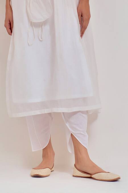 Buy Shikha Malik White Silk, Chanderi Pom-poms Round Neck Front Gather Kurta Striped Dhoti Pant Online at Aza Fashions Buy_Shikha Malik_White Silk, Chanderi Pom-poms Round Neck Front Gather Kurta Striped Dhoti Pant _Online_at_Aza_Fashions