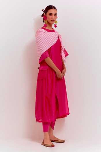 Shikha Malik Pink Silk, Chanderi, Cotton Round Neck Front Slit Kurta Dhoti Pant Set at Aza Fashions Shikha Malik_Pink Silk, Chanderi, Cotton Round Neck Front Slit Kurta Dhoti Pant Set _at_Aza_Fashions