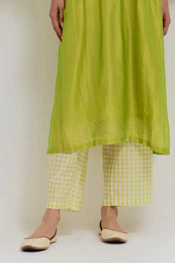 Shop_Shikha Malik_Green Silk, Chanderi Embroidery Mandarin Collar Pintuck Bodice Kurta _Online_at_Aza_Fashions