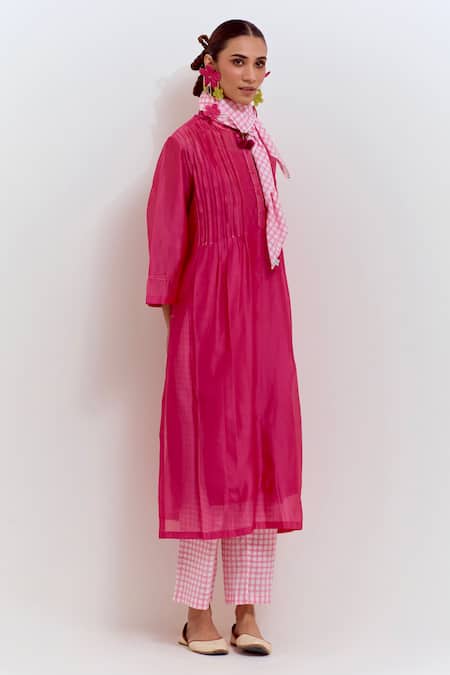 Shop_Shikha Malik_Pink Silk, Chanderi Embroidery Mandarin Collar Plain Pintuck Kurta _Online_at_Aza_Fashions