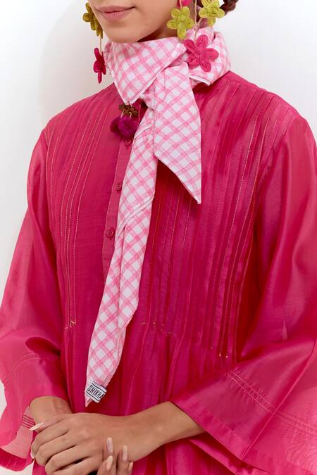 Shikha Malik_Pink Silk, Chanderi Embroidery Mandarin Collar Plain Pintuck Kurta _at_Aza_Fashions