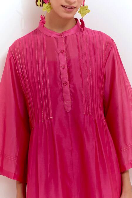 Shikha Malik_Pink Silk, Chanderi, Cotton Embroidery Mandarin Plain Pintuck Kurta With Pant _Online_at_Aza_Fashions