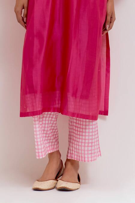 Buy_Shikha Malik_Pink Silk, Chanderi, Cotton Embroidery Mandarin Plain Pintuck Kurta With Pant _Online_at_Aza_Fashions