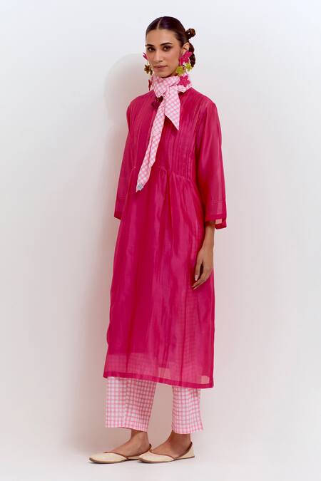 Shop_Shikha Malik_Pink Silk, Chanderi, Cotton Embroidery Mandarin Plain Pintuck Kurta With Pant _Online_at_Aza_Fashions
