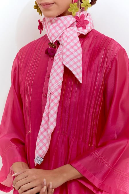 Buy_Shikha Malik_Pink Silk, Chanderi, Cotton Embroidery Mandarin Plain Pintuck Kurta With Pant 