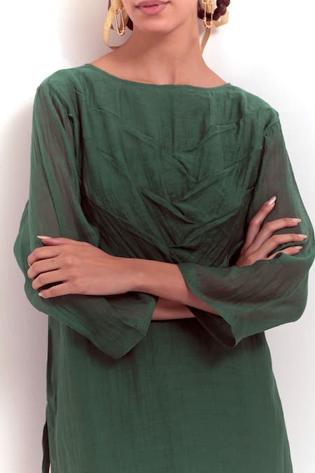 Shop_Shikha Malik_Green Silk, Chanderi Round Neck Textured Bodice Kurta _Online_at_Aza_Fashions