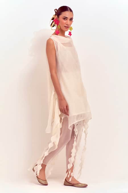 Shop_Shikha Malik_Ivory Chanderi Silk Tassels Cutwork Dhoti Pant _Online_at_Aza_Fashions