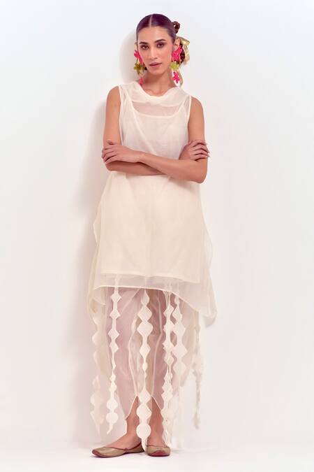 Shikha Malik_Ivory Silk, Chanderi Cowl Neck Sheer Kurta _Online_at_Aza_Fashions