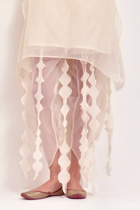 Shikha Malik Ivory Silk, Chanderi Cut Work Cowl Neck Sheer Kurta With Dhoti Pant Online at Aza Fashions Shikha Malik_Ivory Silk, Chanderi Cut Work Cowl Neck Sheer Kurta With Dhoti Pant _Online_at_Aza_Fashions