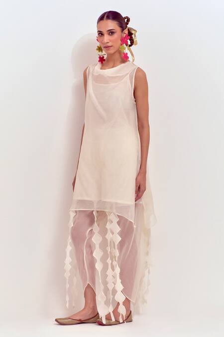 Shop Shikha Malik Ivory Silk, Chanderi Cut Work Cowl Neck Sheer Kurta With Dhoti Pant Online at Aza Fashions Shop_Shikha Malik_Ivory Silk, Chanderi Cut Work Cowl Neck Sheer Kurta With Dhoti Pant _Online_at_Aza_Fashions