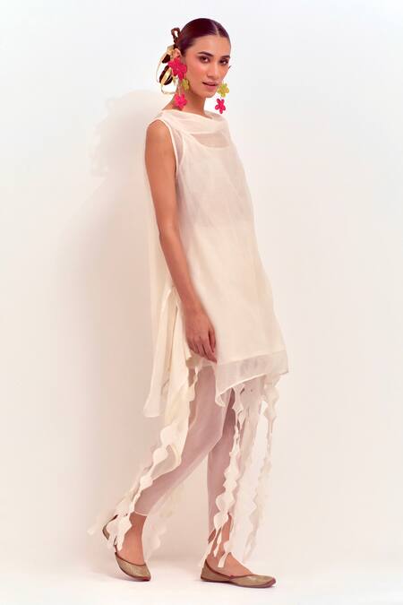 Shikha Malik Ivory Silk, Chanderi Cut Work Cowl Neck Sheer Kurta With Dhoti Pant at Aza Fashions Shikha Malik_Ivory Silk, Chanderi Cut Work Cowl Neck Sheer Kurta With Dhoti Pant _at_Aza_Fashions