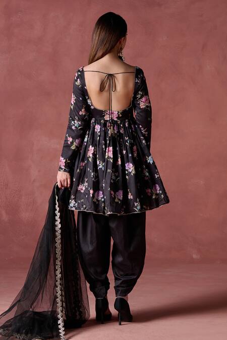 Shop Lashkaraa Black Silk Zari, Sequins Round Neck Gul Print Peplum Kurta Set at Aza Fashions Shop_Lashkaraa_Black Silk Zari, Sequins Round Neck Gul Print Peplum Kurta Set_at_Aza_Fashions