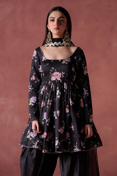 Lashkaraa Black Silk Zari, Sequins Round Neck Gul Print Peplum Kurta Set Online at Aza Fashions Lashkaraa_Black Silk Zari, Sequins Round Neck Gul Print Peplum Kurta Set_Online_at_Aza_Fashions