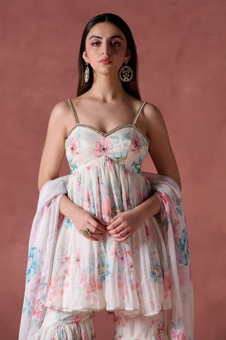 Buy_Lashkaraa_Off White Silk Sequins, Zari, Embroidery Bahar Print Kurti Gharara Set _Online_at_Aza_Fashions