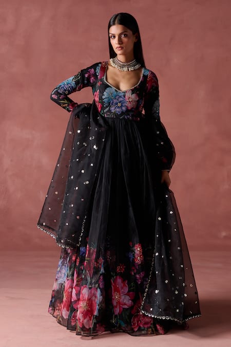 LASHKARAA Black Organza Print Shaam Bahar Sweetheart Embellished Anarkali With Dupatta 