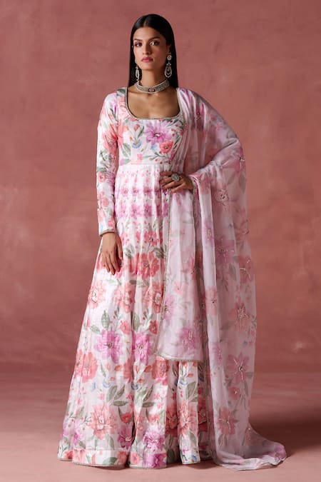 LASHKARAA Phool Print Embellished Anarkali With Dupatta 