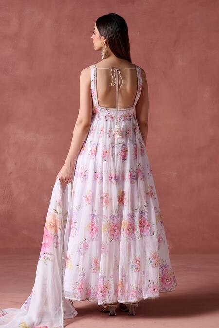 Shop Lashkaraa White Chiffon Embroidery, Zari, Sequins Florence Print Embellished Anarkali Set at Aza Fashions Shop_Lashkaraa_White Chiffon Embroidery, Zari, Sequins Florence Print Embellished Anarkali Set_at_Aza_Fashions