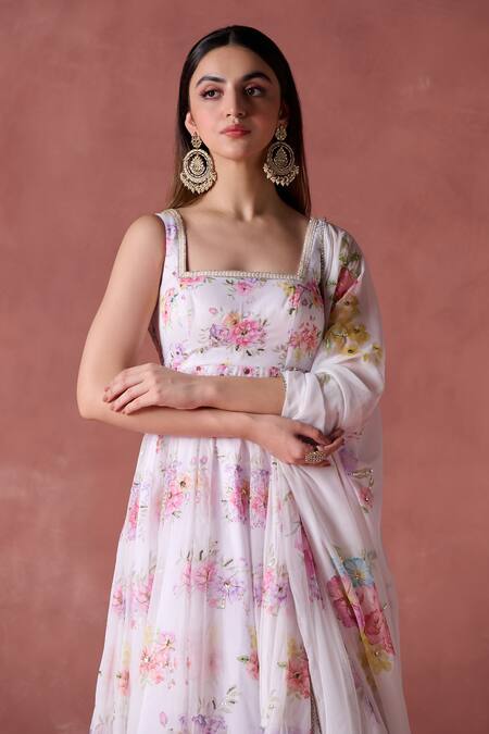 Lashkaraa White Chiffon Embroidery, Zari, Sequins Florence Print Embellished Anarkali Set Online at Aza Fashions Lashkaraa_White Chiffon Embroidery, Zari, Sequins Florence Print Embellished Anarkali Set_Online_at_Aza_Fashions