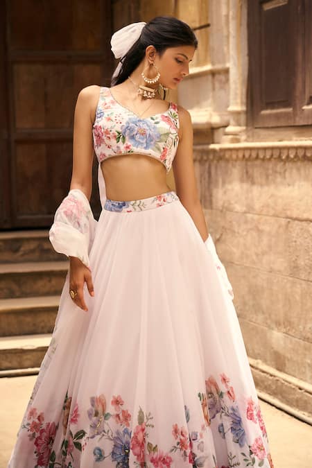 Lashkaraa Off White Georgette Zari, Sequins Asymmetric Bloom Garden Print Lehenga Set Online at Aza Fashions Lashkaraa_Off White Georgette Zari, Sequins Asymmetric Bloom Garden Print Lehenga Set_Online_at_Aza_Fashions