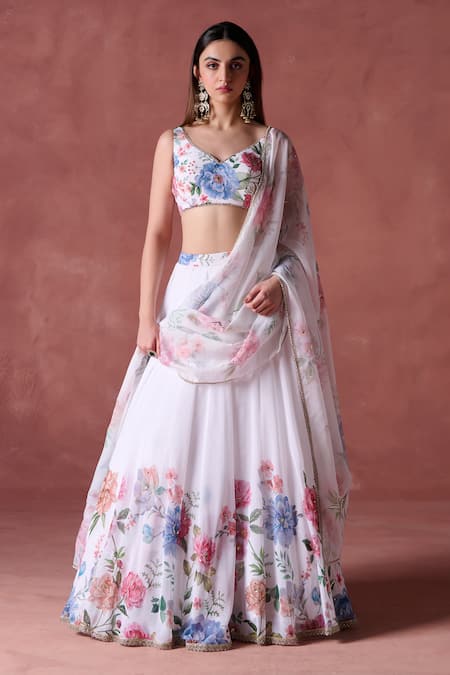 Buy Lashkaraa Off White Georgette Zari, Sequins Asymmetric Bloom Garden Print Lehenga Set Online at Aza Fashions Buy_Lashkaraa_Off White Georgette Zari, Sequins Asymmetric Bloom Garden Print Lehenga Set_Online_at_Aza_Fashions