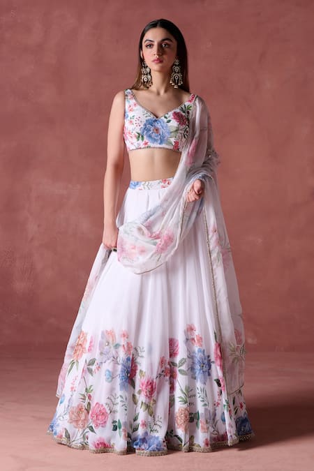 Shop Lashkaraa Off White Georgette Zari, Sequins Asymmetric Bloom Garden Print Lehenga Set Online at Aza Fashions Shop_Lashkaraa_Off White Georgette Zari, Sequins Asymmetric Bloom Garden Print Lehenga Set_Online_at_Aza_Fashions