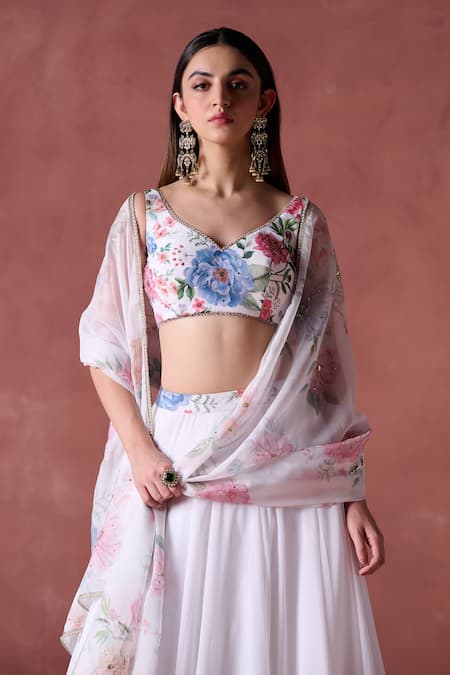Lashkaraa Off White Georgette Zari, Sequins Asymmetric Bloom Garden Print Lehenga Set at Aza Fashions Lashkaraa_Off White Georgette Zari, Sequins Asymmetric Bloom Garden Print Lehenga Set_at_Aza_Fashions
