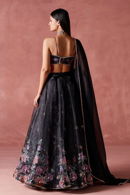 Lashkaraa_Black Organza Zari, Sequins Night Garden Print And Embellished Lehenga Set _Online_at_Aza_Fashions