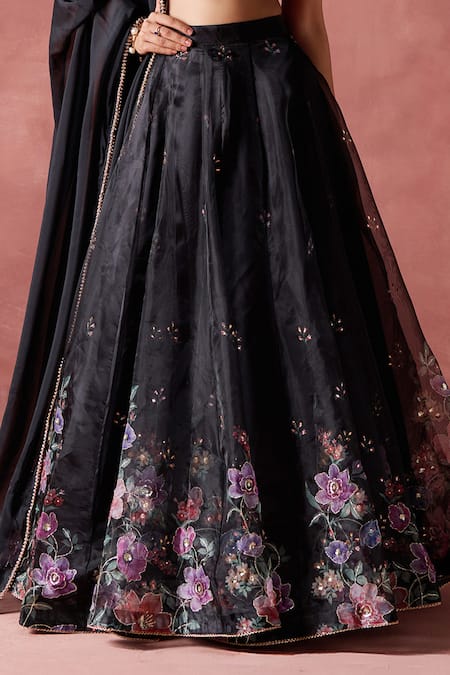 Buy_Lashkaraa_Black Organza Zari, Sequins Night Garden Print And Embellished Lehenga Set _Online_at_Aza_Fashions
