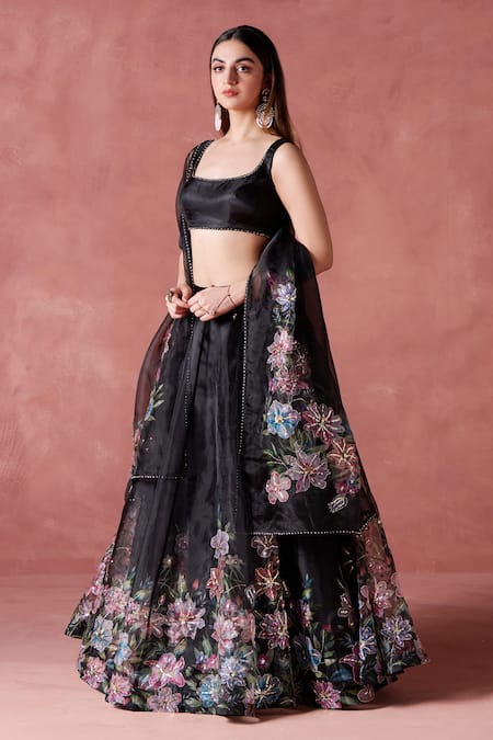 Buy_Lashkaraa_Black Organza Zari, Sequins Round Neck Petunia Garden Embroidered Lehenga Set _Online_at_Aza_Fashions
