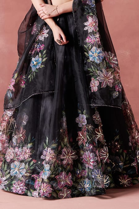 Shop_Lashkaraa_Black Organza Zari, Sequins Round Neck Petunia Garden Embroidered Lehenga Set _Online_at_Aza_Fashions