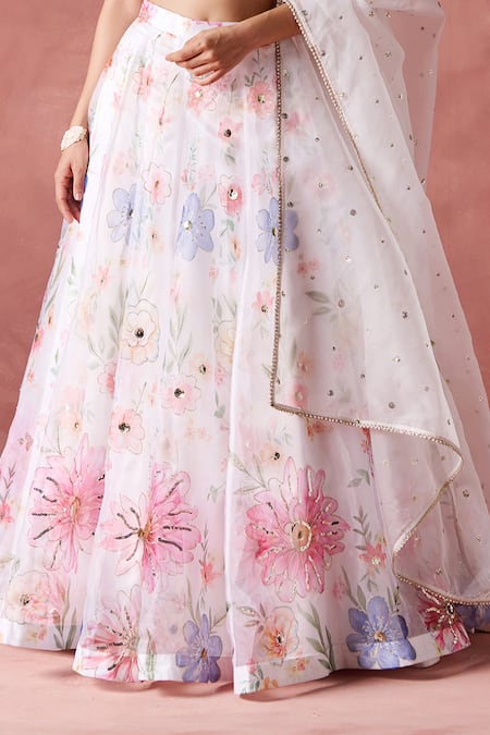 Buy_Lashkaraa_White Organza Sequins, Zari Scoop Neck Floral Print And Embellished Lehenga Set _Online_at_Aza_Fashions