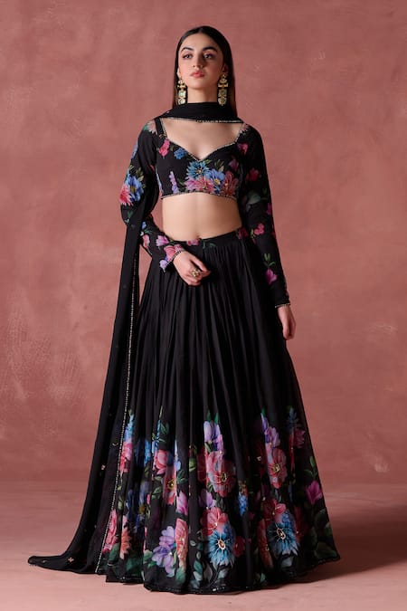 LASHKARAA Black Georgette Print Raat Bahar Sweetheart Neck And Embellished Lehenga Set 