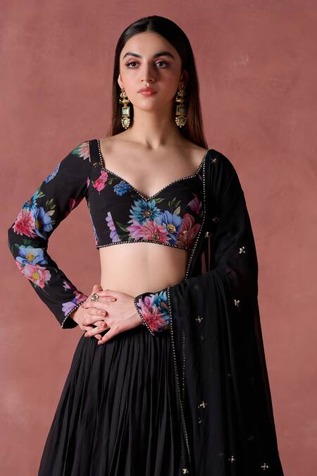Buy Lashkaraa Black Georgette Zari, Sequins Sweetheart Neck Raat Bahar Printed Lehenga Set Online at Aza Fashions Buy_Lashkaraa_Black Georgette Zari, Sequins Sweetheart Neck Raat Bahar Printed Lehenga Set_Online_at_Aza_Fashions