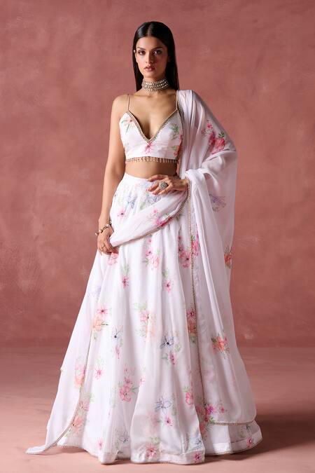 Buy_Lashkaraa_White Organza Zari, Sequins Sweetheart Neck Phool Guchha Print Lehenga Set_Online_at_Aza_Fashions