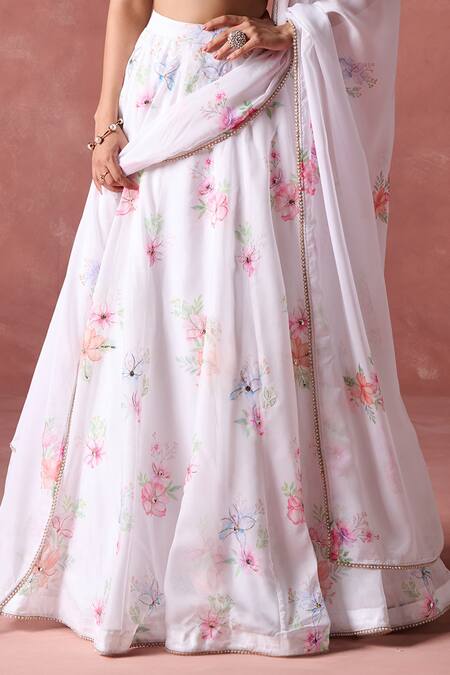 Shop_Lashkaraa_White Organza Zari, Sequins Sweetheart Neck Phool Guchha Print Lehenga Set_Online_at_Aza_Fashions